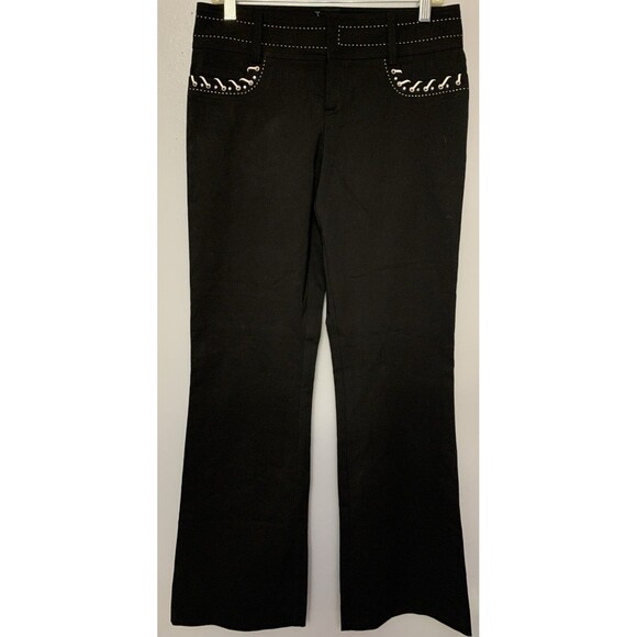 Cache Black Stretch Boot Leg Jeans White Leather Around Front Pockets. Size8. - Picture 1 of 7